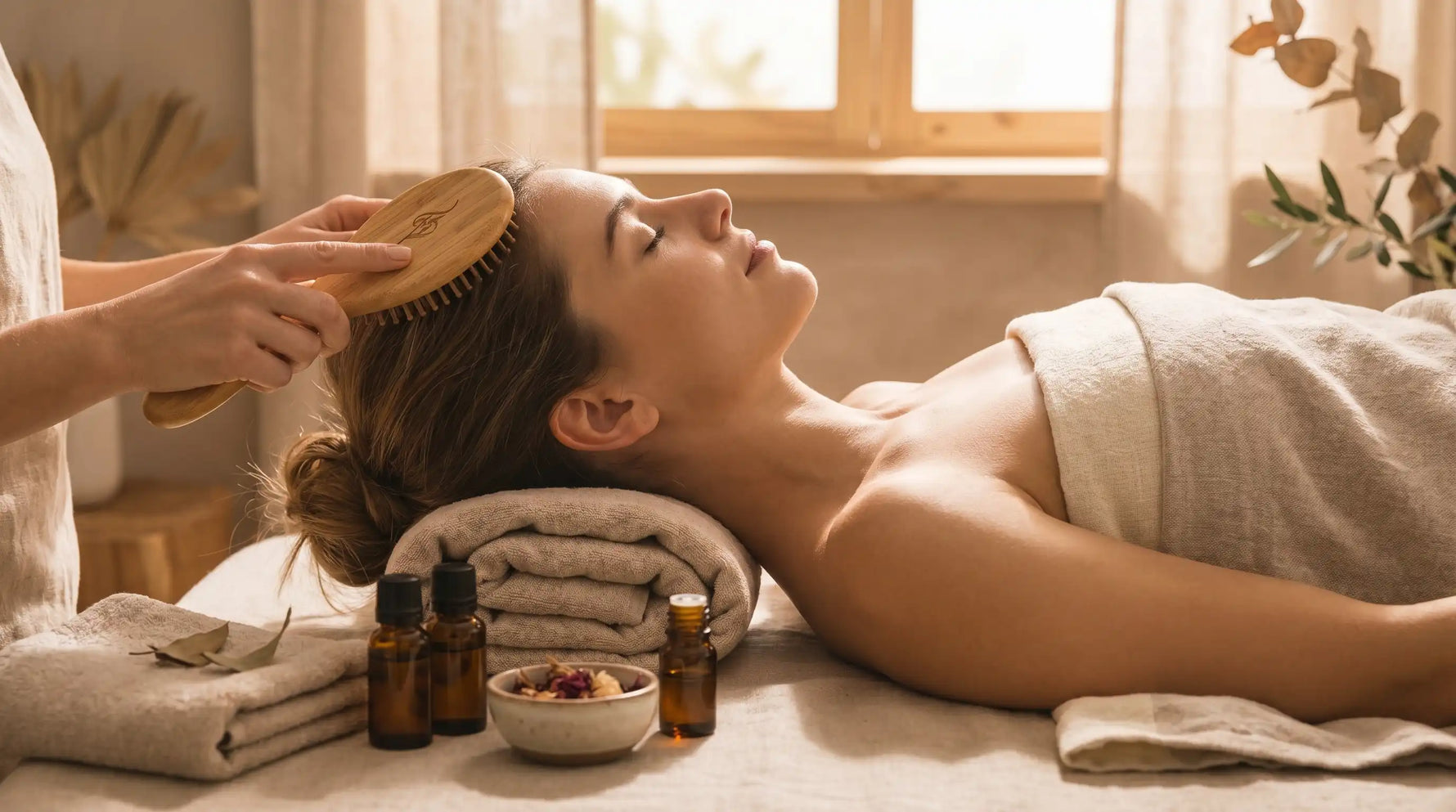 Natural bamboo scalp massage tools from Raya Eco during a relaxing session.