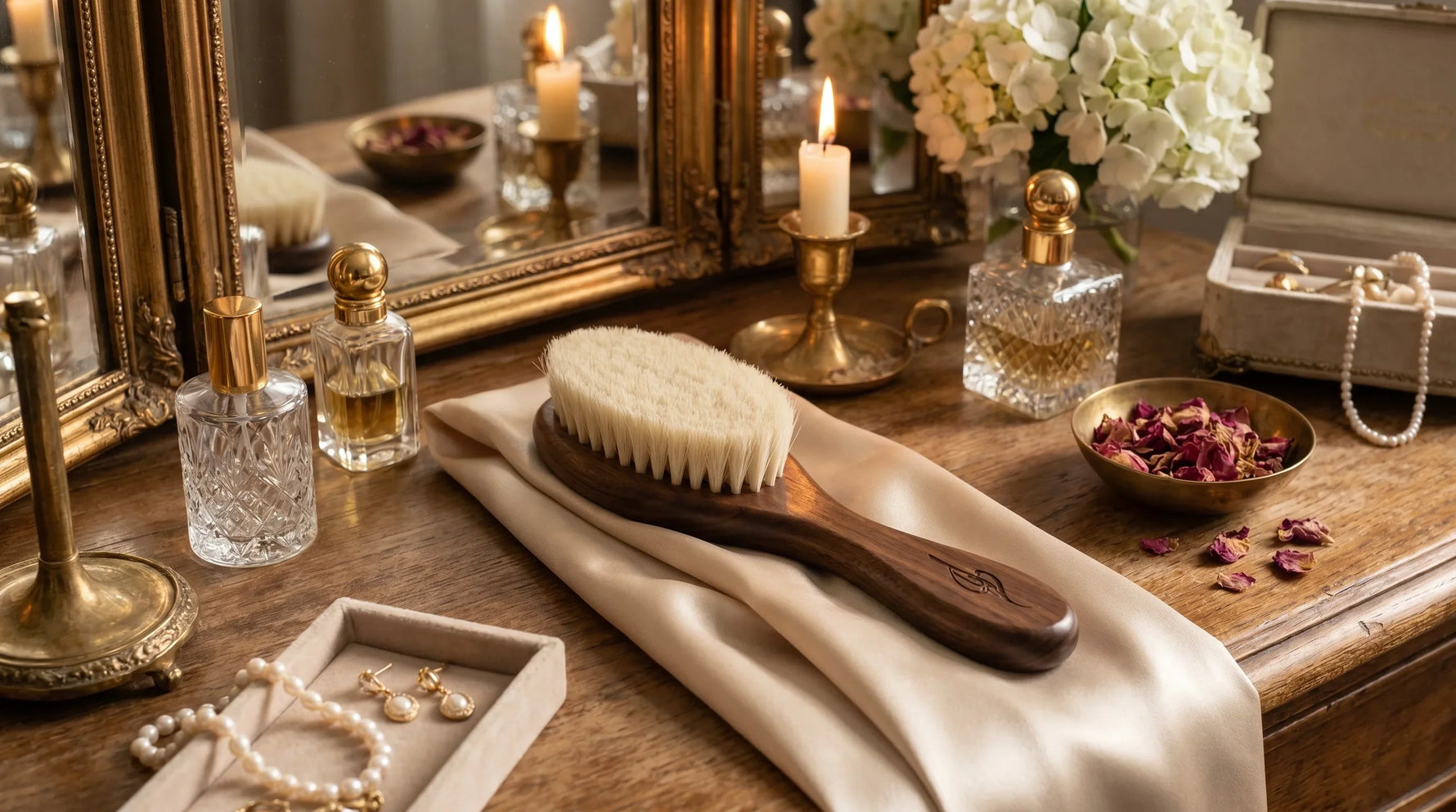 A luxury Raya Eco natural goat hair brush displayed on a vintage vanity table.