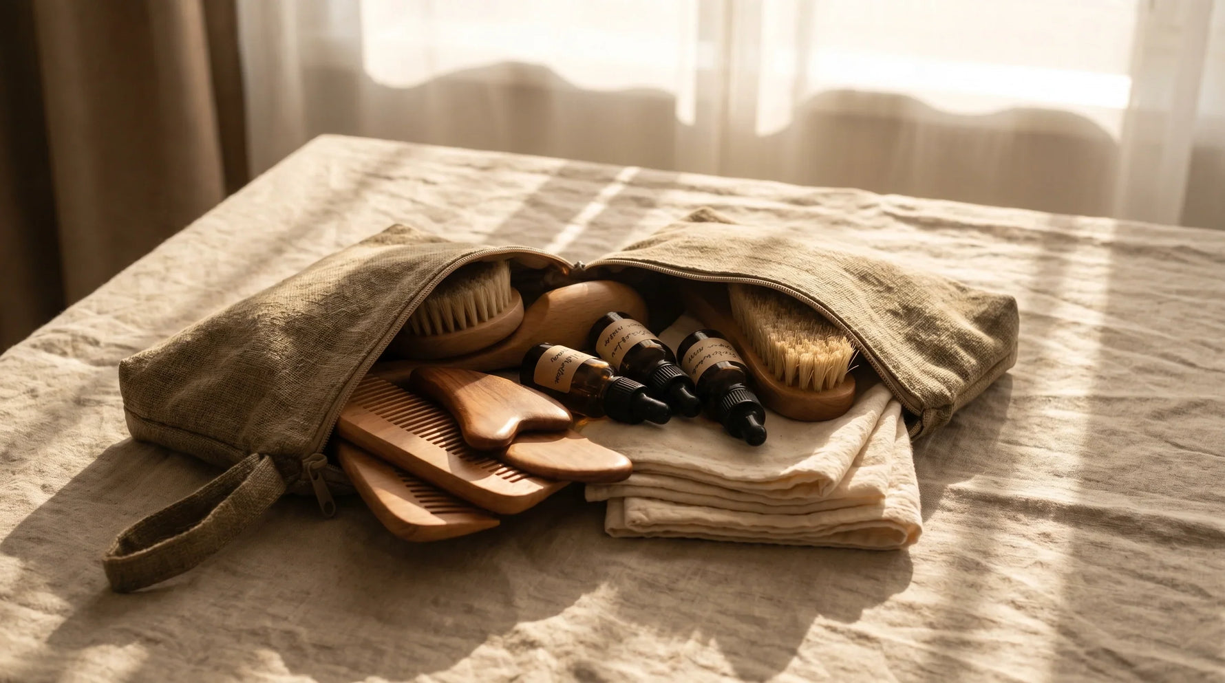 A curated sustainable travel kit from Raya Eco inside a stylish fabric pouch.