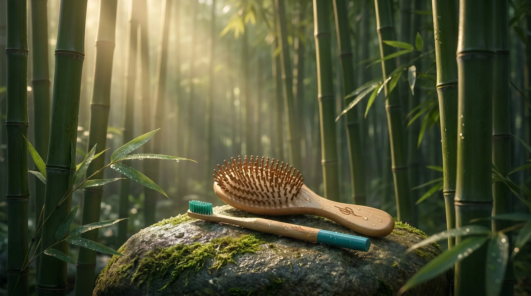 A sustainable personal care set featuring Raya Eco bamboo toothbrushes and brushes.