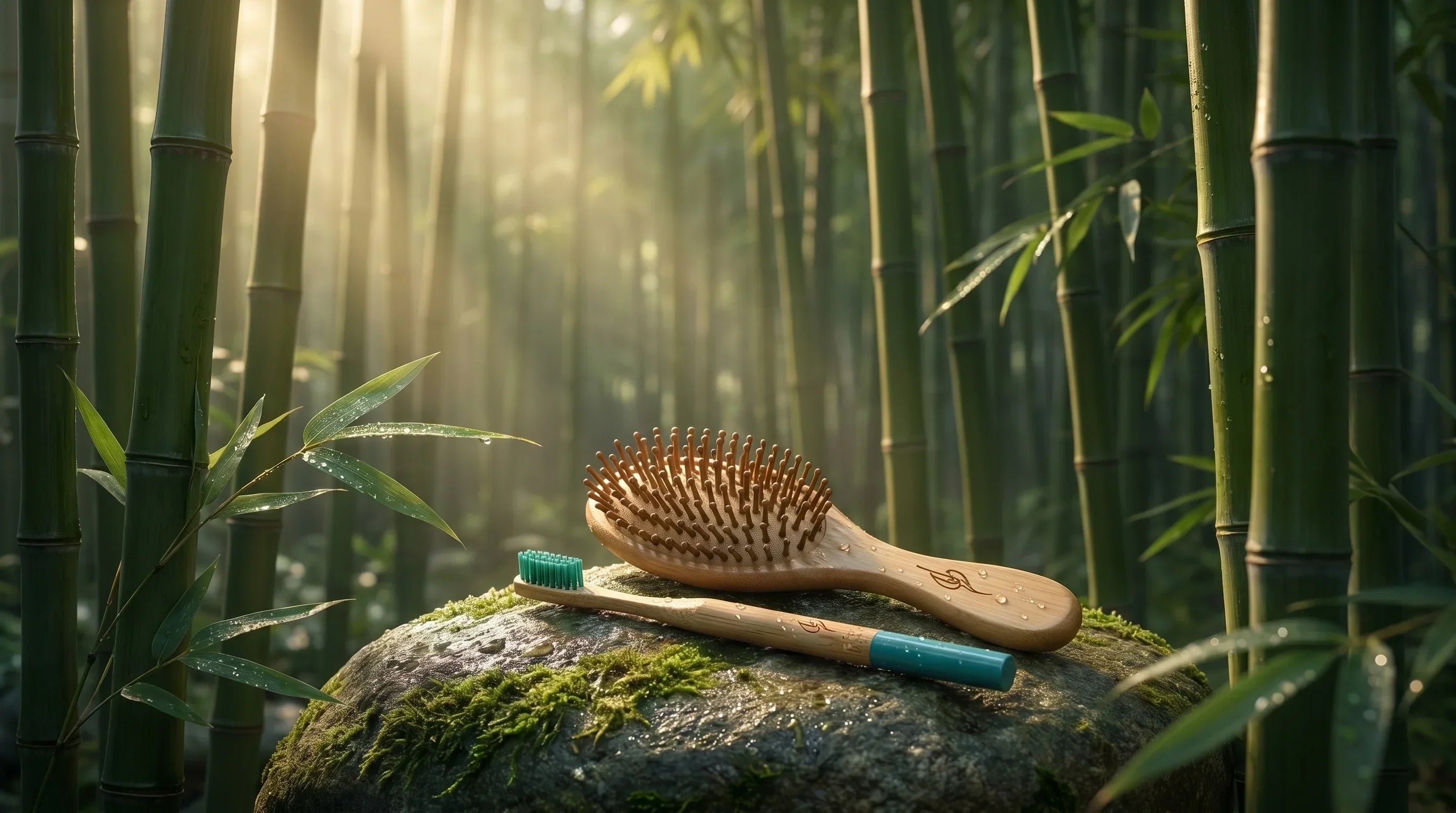 A sustainable personal care set featuring Raya Eco bamboo toothbrushes and brushes.