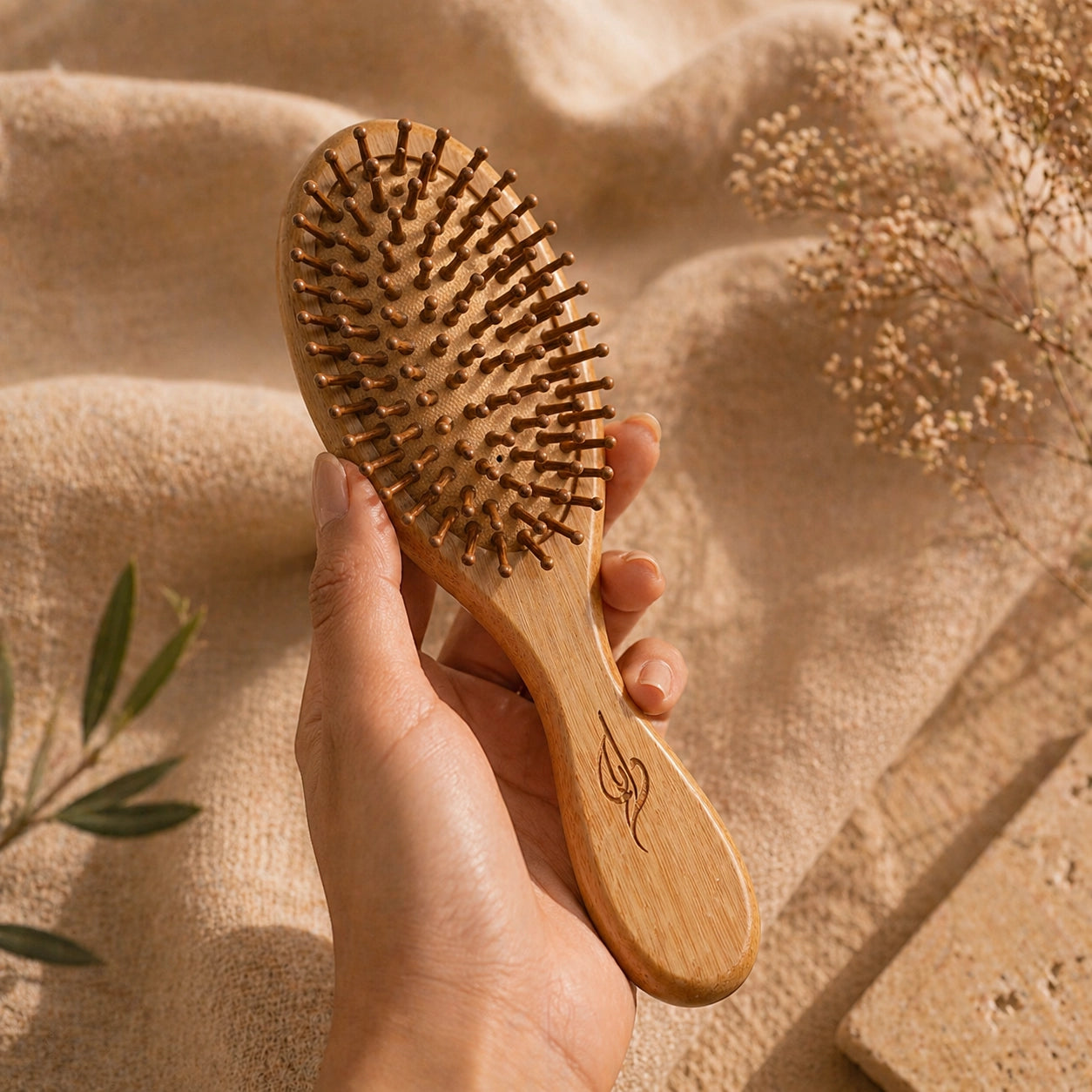 Hand holding a Bamboo hairbrush against a textured beige background