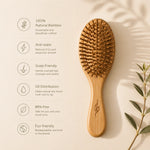 Bamboo hairbrush with natural bamboo features on a beige background
- 100% natural bamboo
- anti static
- scalp friendly
- oil distribution
- BPA free
- eco friendly