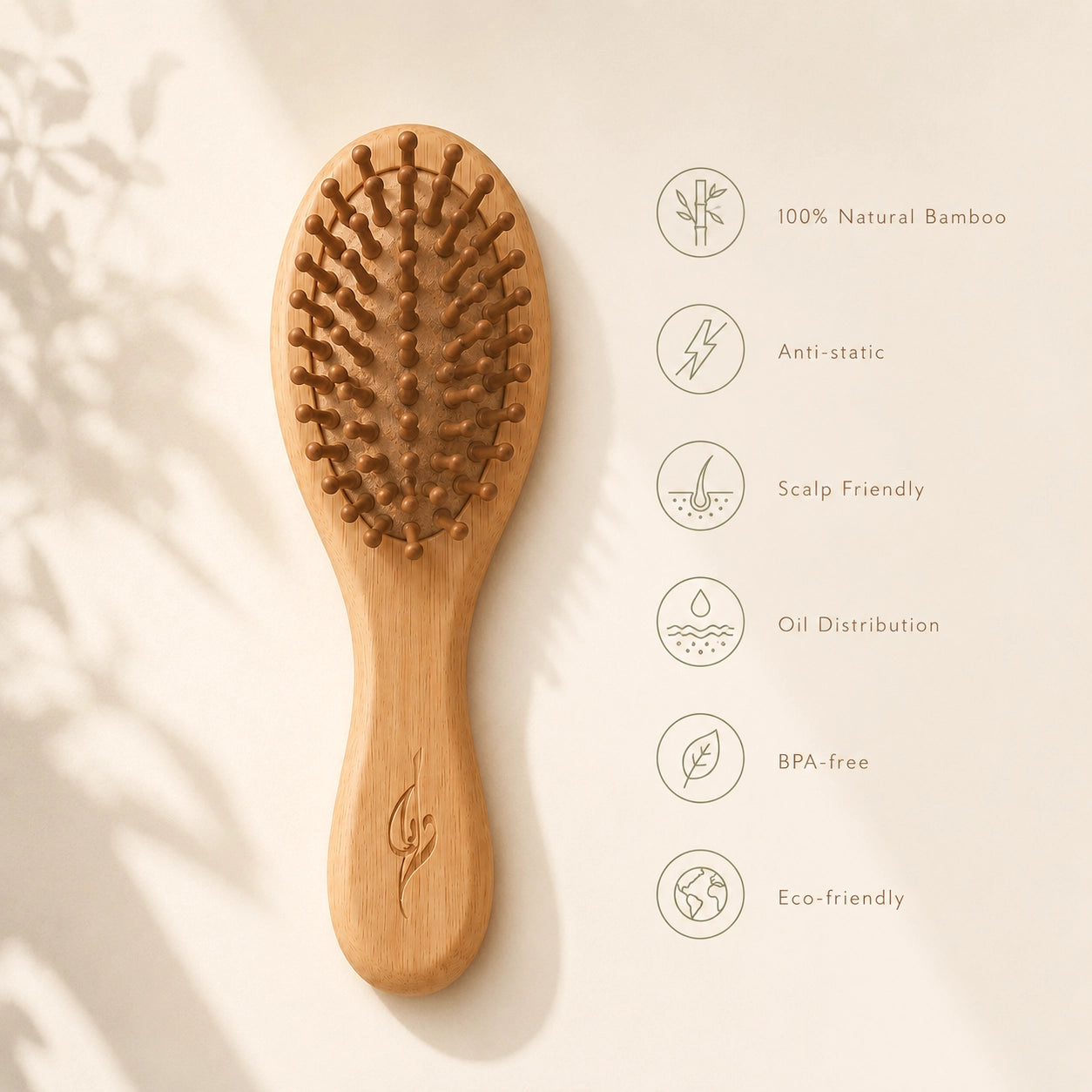 Bamboo kids hairbrush on a light background with icons and text highlighting features.
- 100% Natural Bamboo
- Anti-static
- Scalp Friendly
- Oil Distribution
- BPA-Free
- Eco-friendly