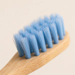 Bamboo toothbrush with blue bristles on a light beige background