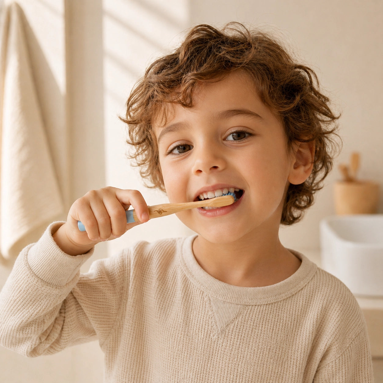 Child brushing teeth in a bathroom setting