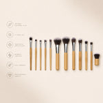 Set of 11 makeup brushes with bamboo handles on a beige background with features:
- natural squirrel hair
- 11 piece set
- precision application
- bamboo handles
- eco friendly
- professional quality