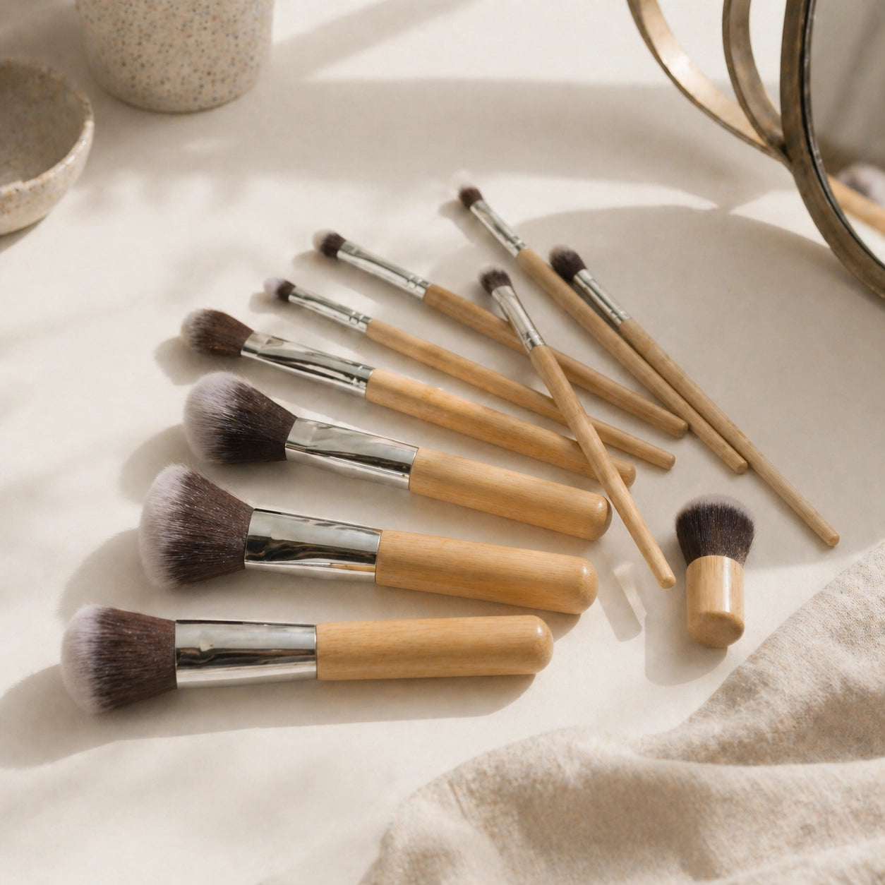 Set of makeup brushes with bamboo wooden handles on a light surface.