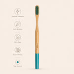 Bamboo toothbrush with teal accent on a beige background, with features:
- natural bamboo
- soft bristles
- BPA free
- eco friendly
- teal accent