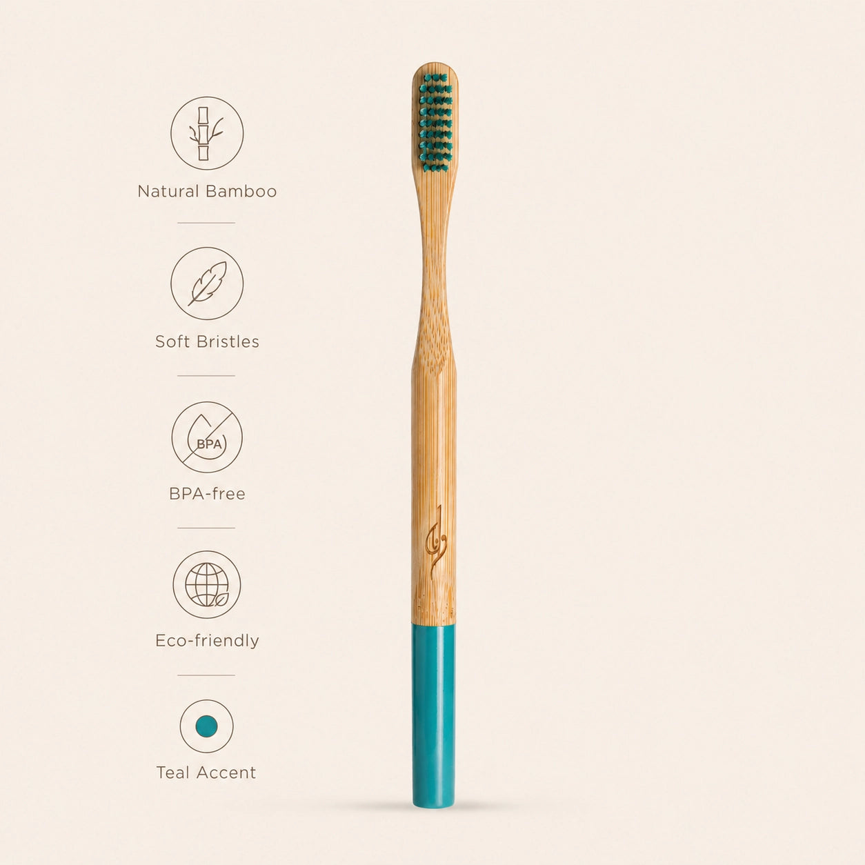 Bamboo toothbrush with teal accent on a beige background, with features:
- natural bamboo
- soft bristles
- BPA free
- eco friendly
- teal accent