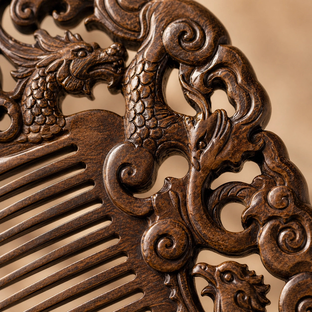 Close-up of a intricately carved sandalwood comb with dragon design