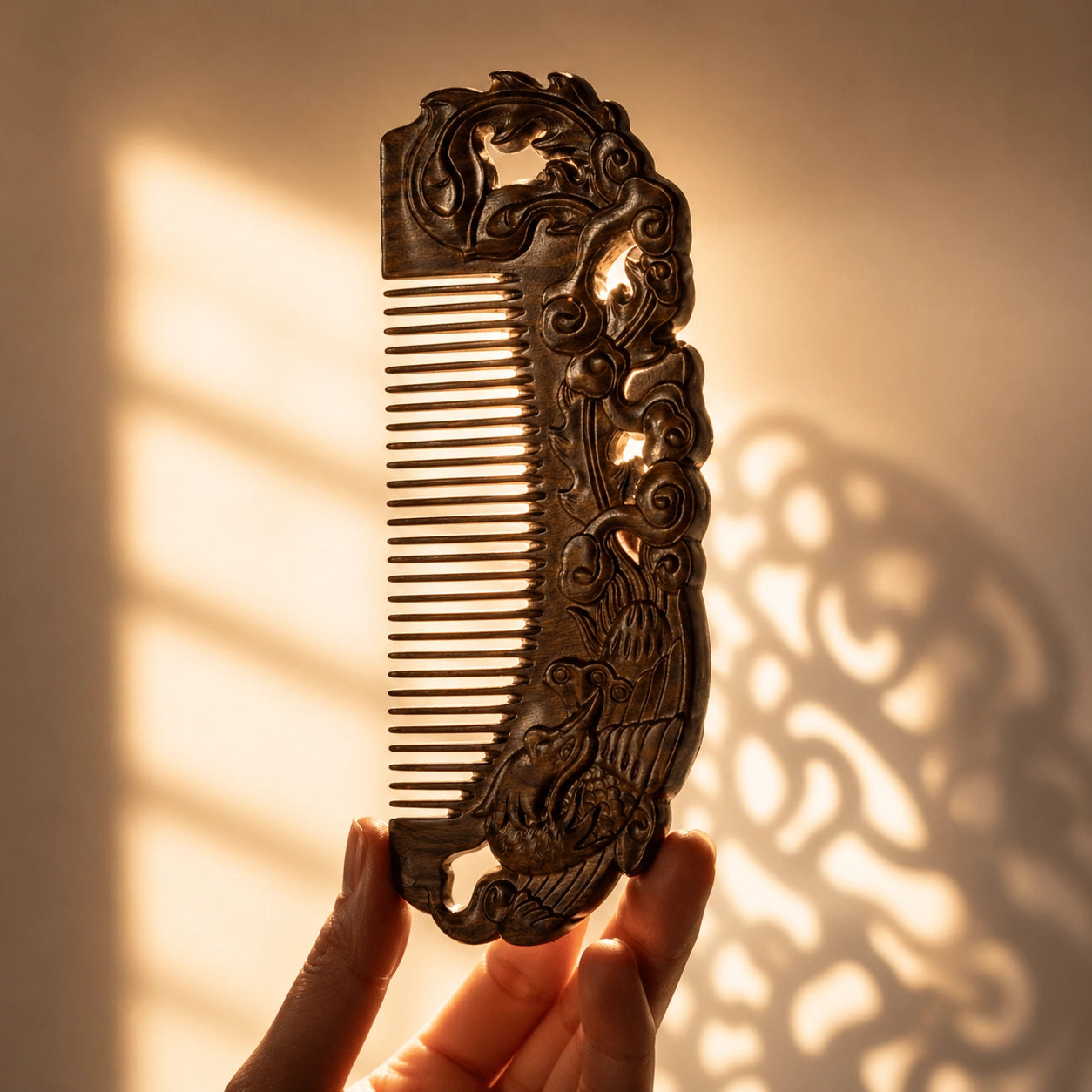 Decorative sandalwood comb with intricate carvings held against a warm, sunlit wall.