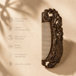 Decorative sandalwood comb with intricate carvings on a beige background with features:
- open-work carving
- green sandalwood
- dragon & phoenix
- wide teeth
- naturally aromatic
- one of a kind
