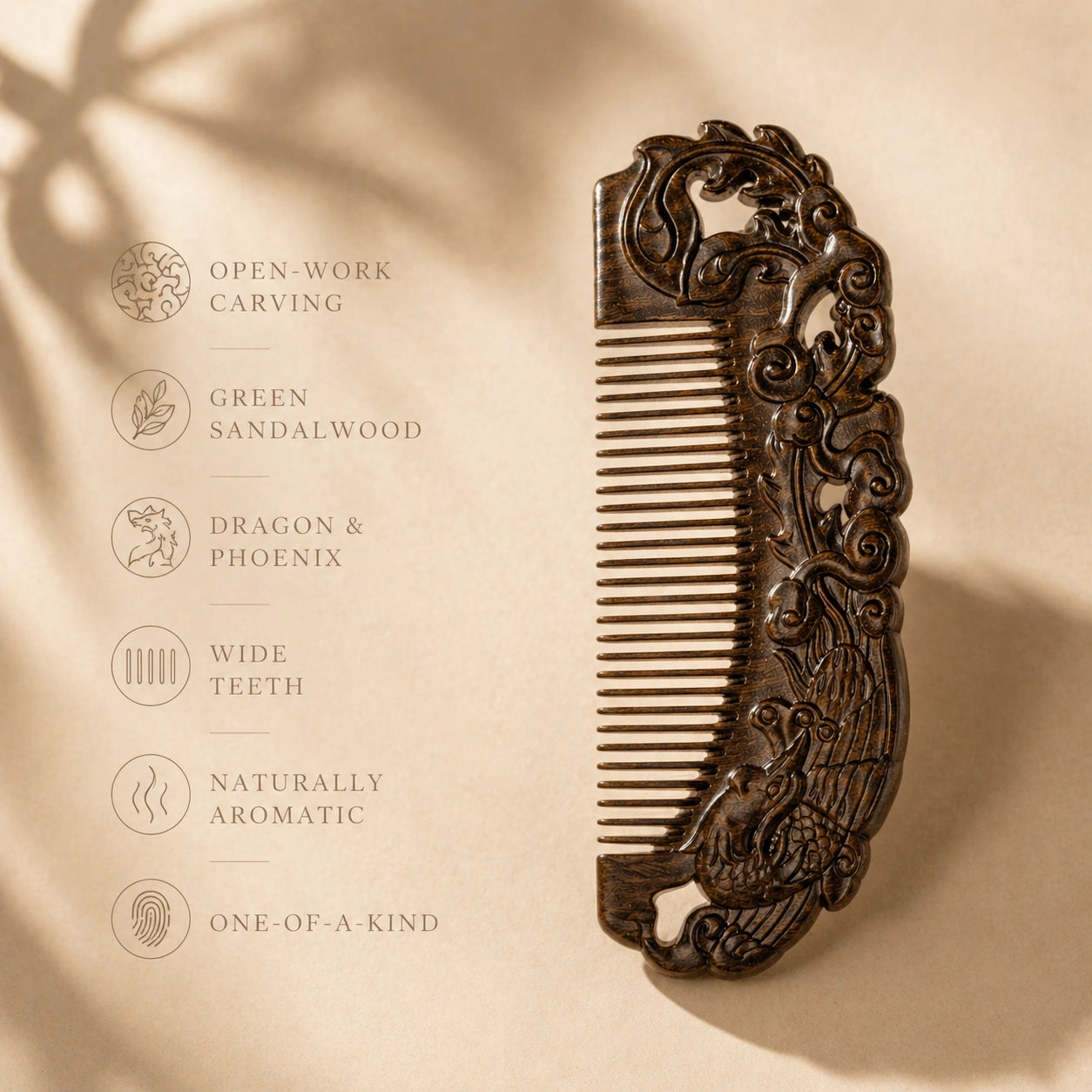Decorative sandalwood comb with intricate carvings on a beige background with features:
- open-work carving
- green sandalwood
- dragon & phoenix
- wide teeth
- naturally aromatic
- one of a kind