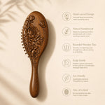 sandalwood hairbrush with floral designs on a beige background with features:
- hand carved design
- natural sandalwood
- rounded wooden tips
- scalp gentle
- eco friendly
- one of a kind