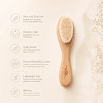 Bamboo newborn baby brush with soft bristles on a light background, with features:
- ultra soft goat hair
- newborn safe
-scalp gentle
- pressure absorbing cushion
- lightweight grip
- BPA free