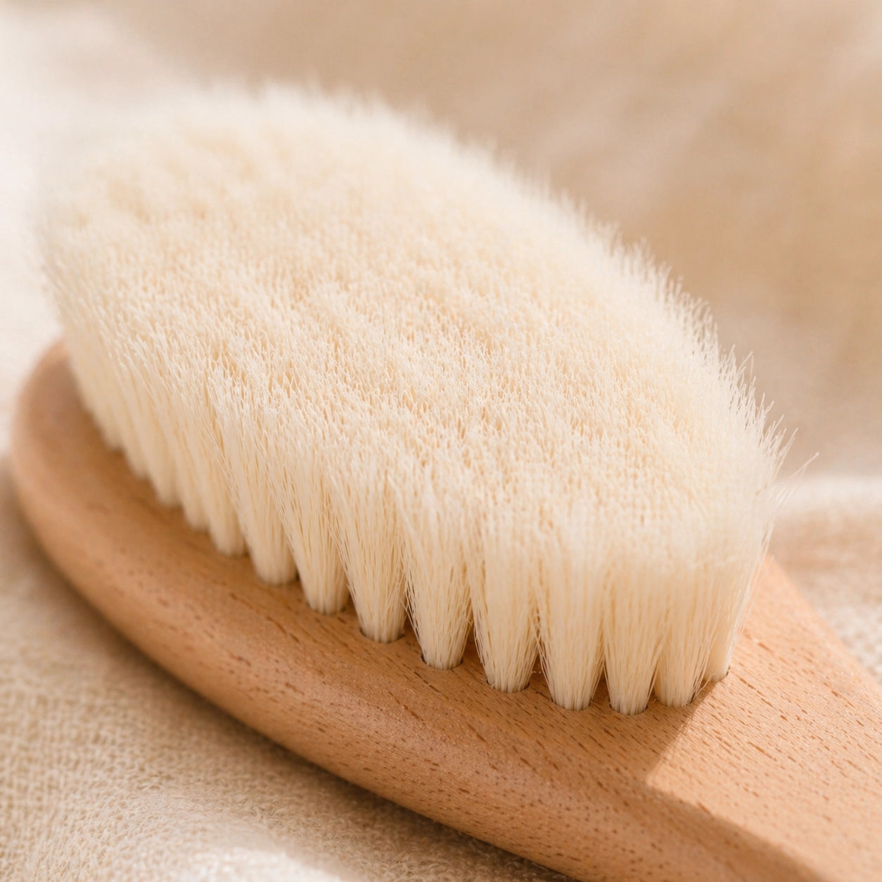 Close-up of a Bamboo newborn brush with natural bristles on a beige background
