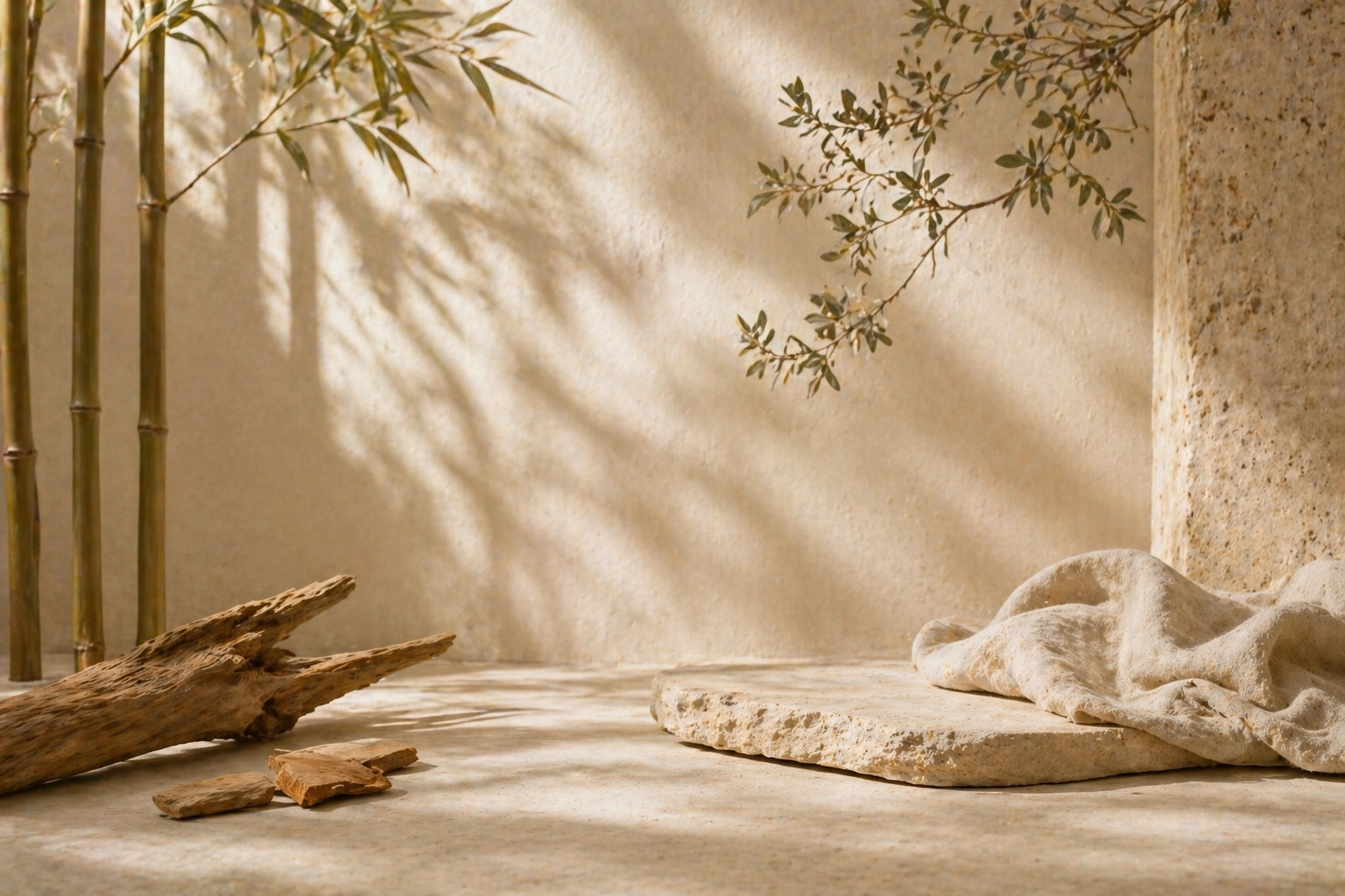 Minimally styled setting with natural elements like bamboo, wood, and fabric on a neutral background.