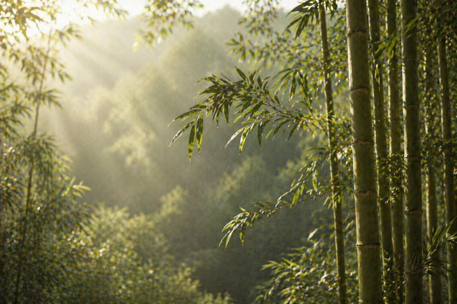 Bamboo forest with sunlight filtering through the leaves