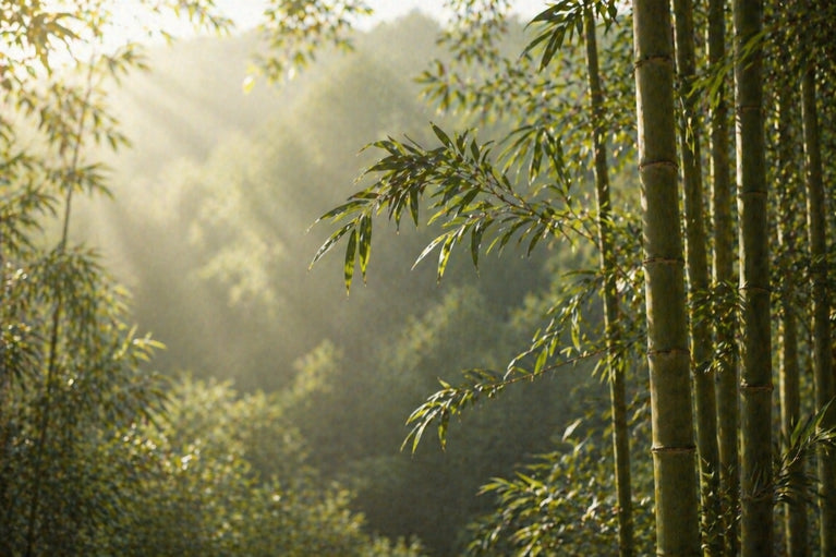 Bamboo forest with sunlight filtering through the leaves