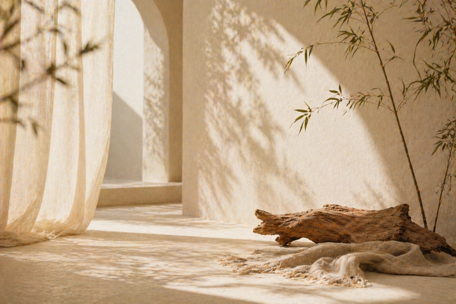 Beige curtain with natural light, wooden log, and bamboo plant on a neutral background