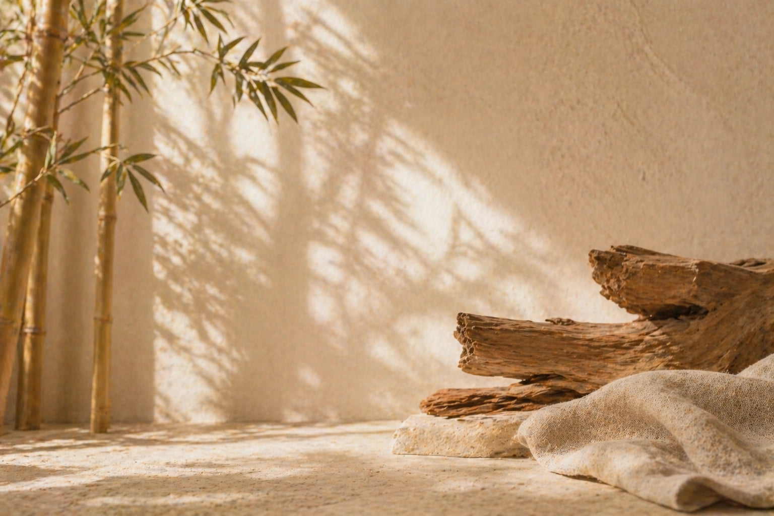 Driftwood and fabric on a neutral background with bamboo plant