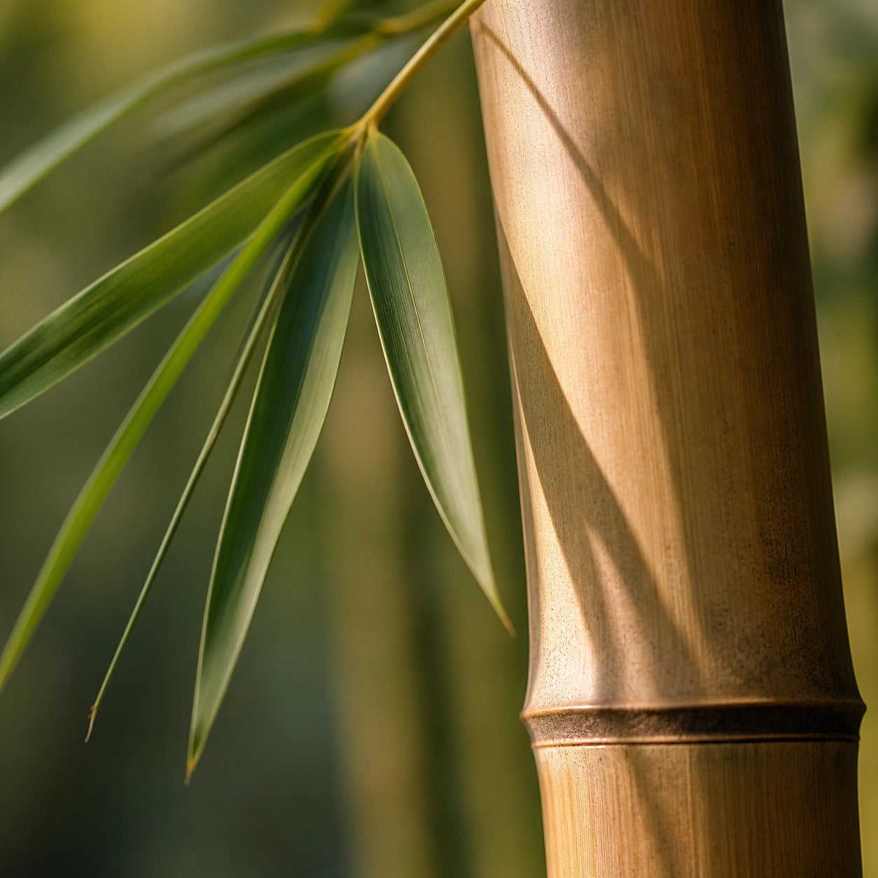 Close-up of a bamboo stalk with green leaves