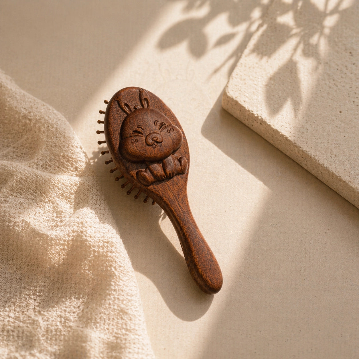 Sandalwood kids hairbrush with decorative handle on a beige fabric background