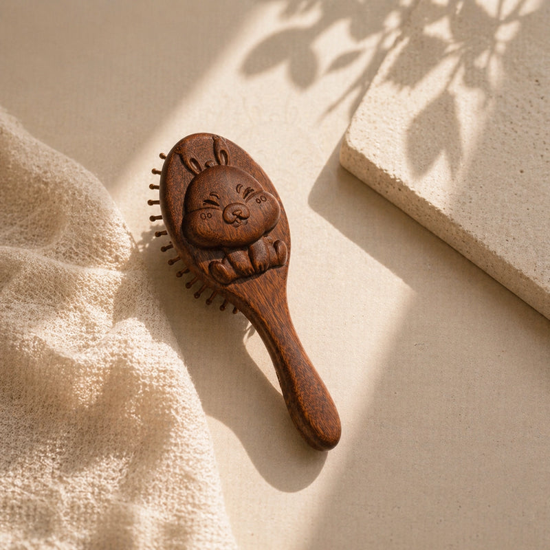 Sandalwood kids hairbrush with decorative handle on a beige fabric background
