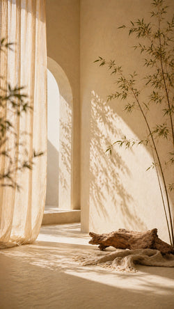 A serene, minimalist interior scene featuring warm, earthy tones. Soft sunlight filters through a gauze curtain and an arched doorway, casting delicate bamboo leaf shadows onto a textured beige wall. A piece of driftwood and a soft textile sit on the floor beside a slender bamboo plant, creating a peaceful, organic atmosphere.