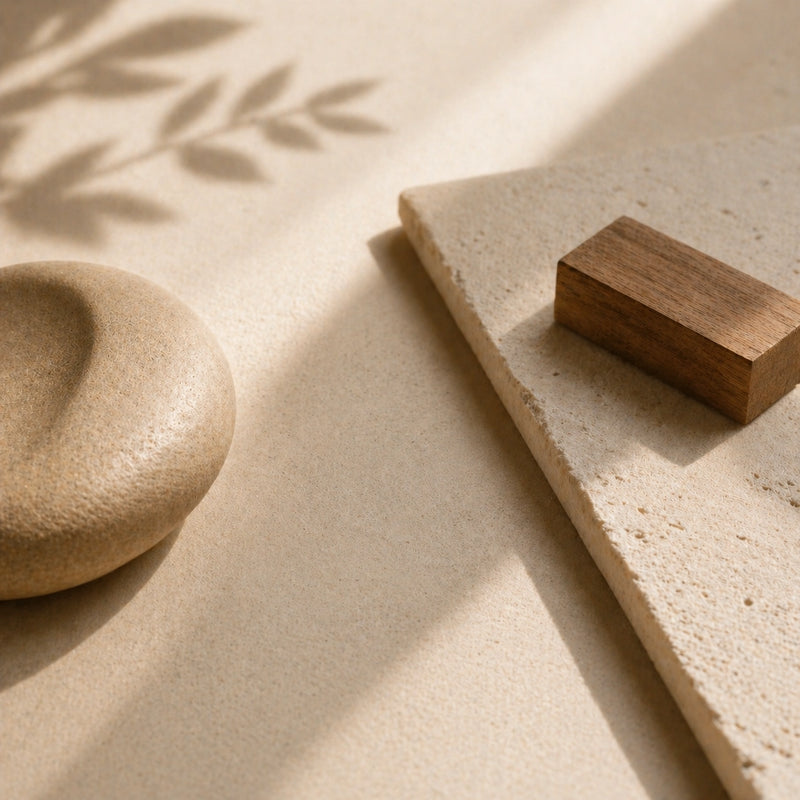 Beige stone, wooden block, and ceramic plate on a light beige surface with shadows and plant leaves.