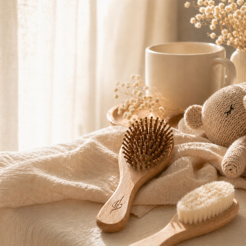Bamboo kids and new born hairbrush, and small plush toy on a textured surface with a soft light background.