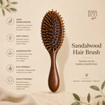 Sandalwood hair brush with Rayah Eco branding on a beige background with features:
- 100% sandalwood
- anti static
- handcrafted
- eco-friendly
- scalp friendly