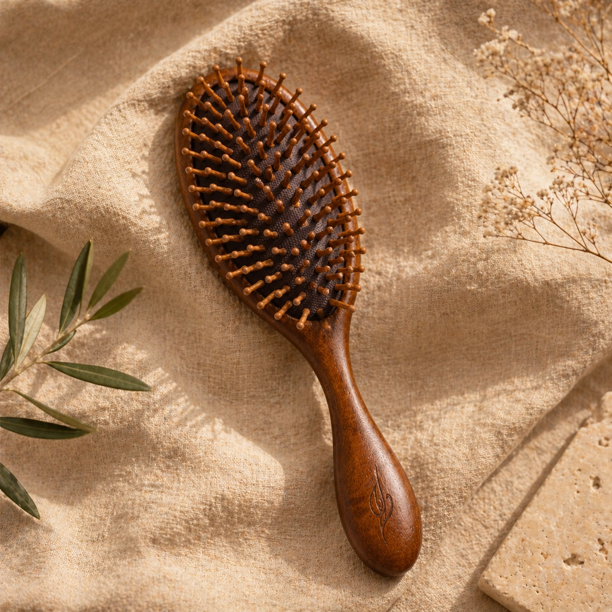 sandalwood hairbrush on a textured beige surface with dried flowers and leaves.