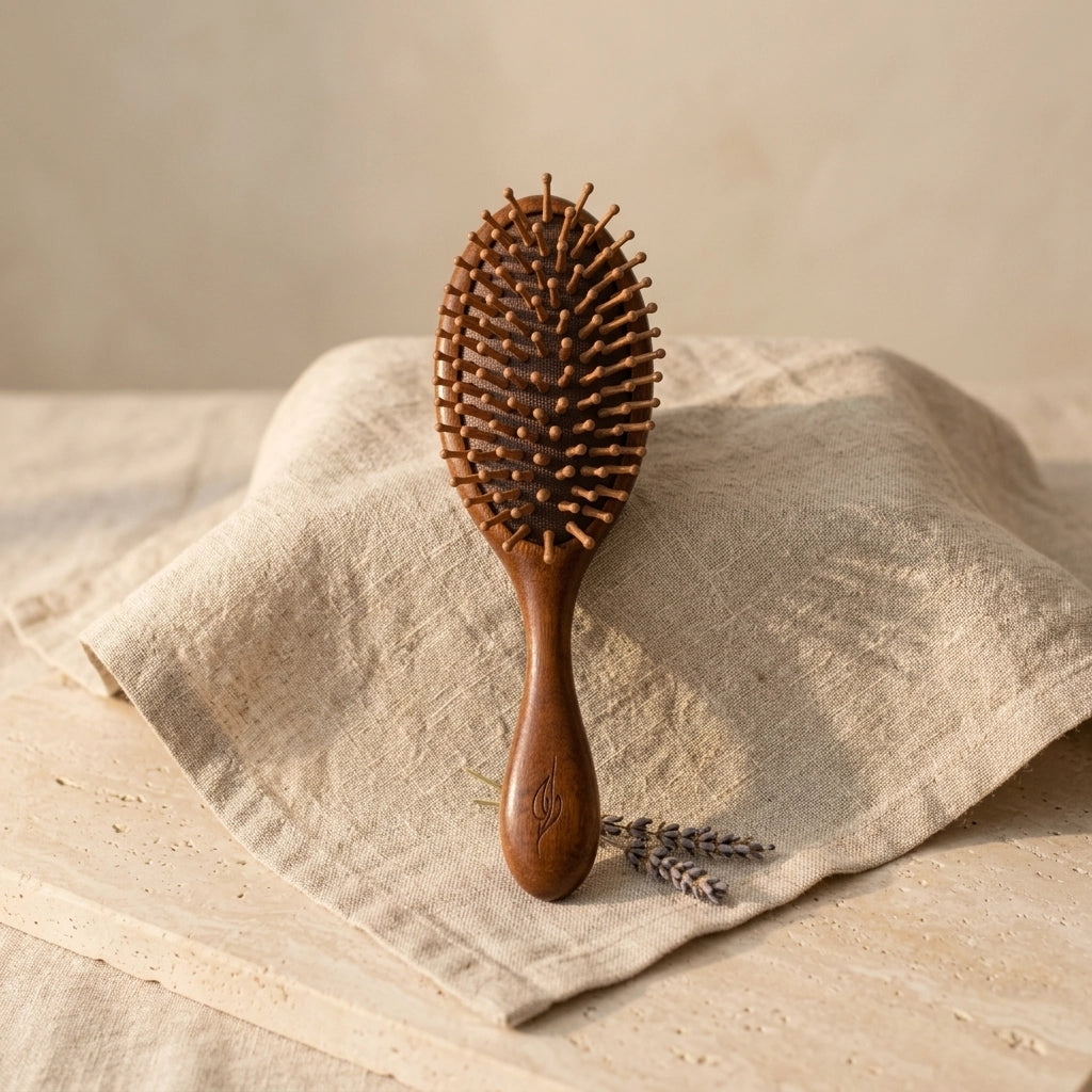 sandalwood hairbrush on a textured fabric surface with a soft background